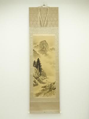 大津日楠筆　水墨山水　肉筆絹本掛軸